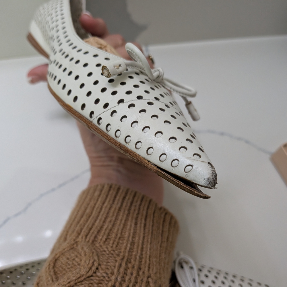 Prada White Perforated Leather Pointed-Toe Flats with Bow Accent - Picture 6 of 7